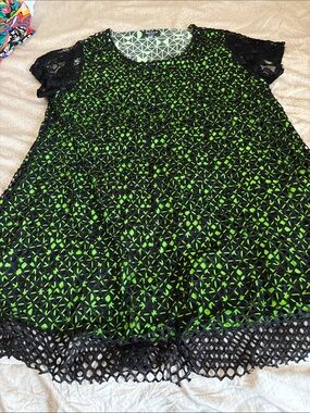 Red Coral Black Lace Overlay Tunic with Bright Green Underlay